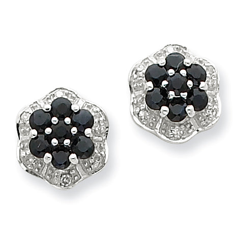 Sterling Silver Rhodium Shappire & Diamond Post Earrings