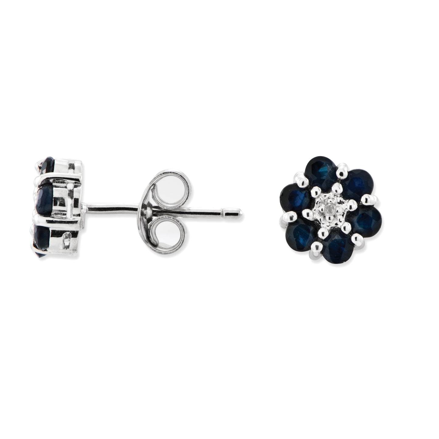 Sterling Silver Rhodium Shappire & Diamond Post Earrings