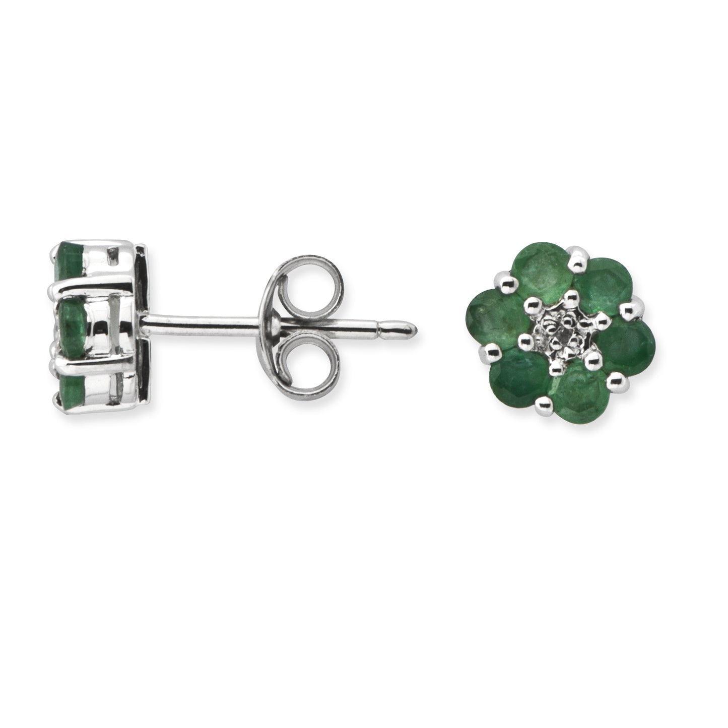 Sterling Silver Rhodium Emerald & Diamond Post Earrings