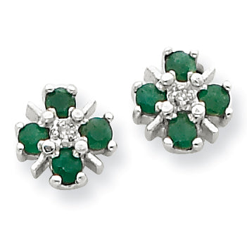 Sterling Silver Rhodium Emerald & Diamond Post Earrings