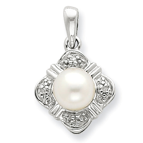 Sterling Silver Rhodium FW Cultured Pearl & Diamond Pendant