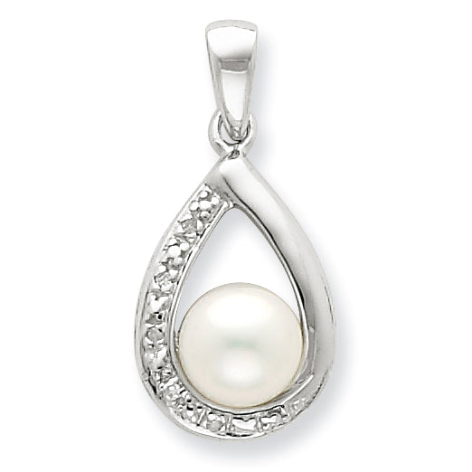 Sterling Silver Rhodium FW Cultured Pearl & Diamond Pendant