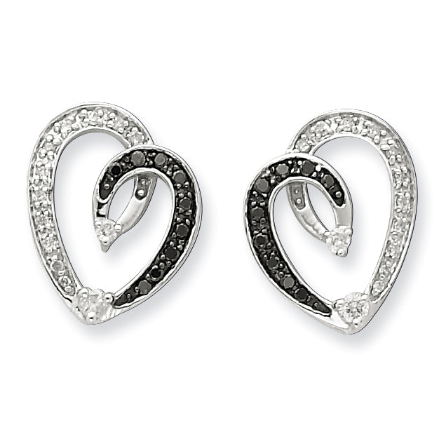 Sterling Silver Black & White Diamond Heart Post Earrings