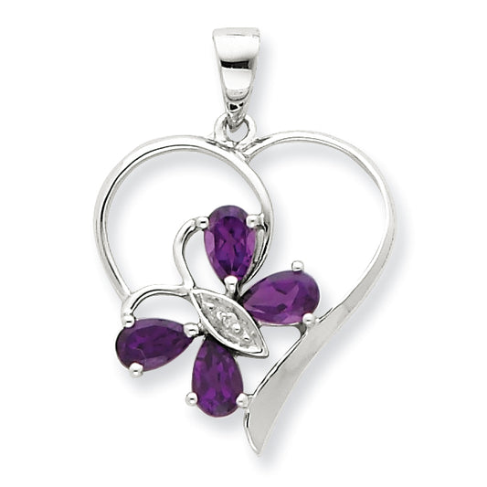 Sterling Silver Rhodium Amethyst & Diamond Butterfly Heart Pendant