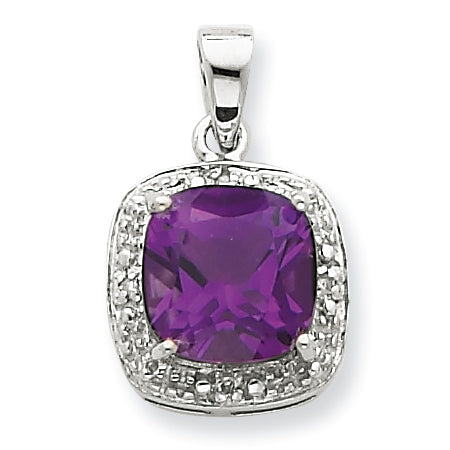 Sterling Silver Rhodium Amethyst & Diamond Pendant