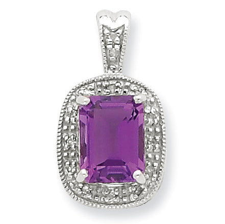 Sterling Silver Rhodium Amethyst & Diamond Pendant