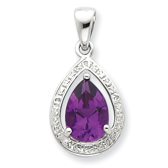 Sterling Silver Rhodium Amethyst & Diamond Pendant