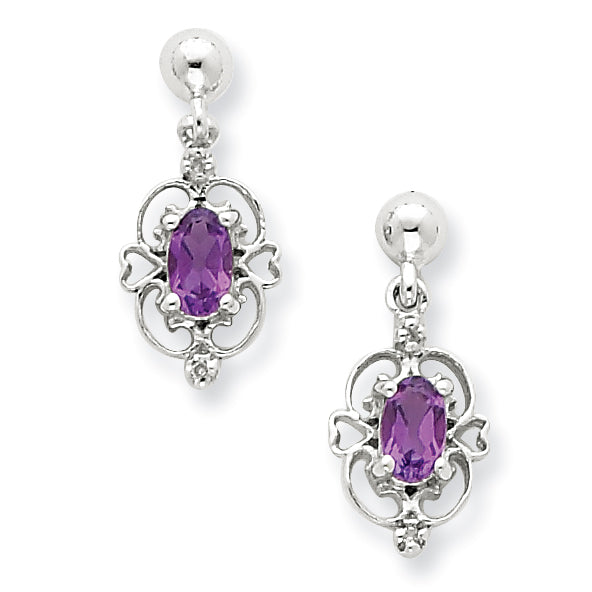 Sterling Silver Rhodium Pear Amethyst & Diamond Post Earrings