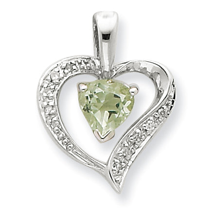 Sterling Silver Rhodium Heart Green Amethyst & Diamond Heart Pendant