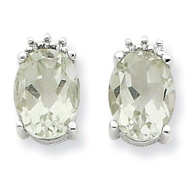 Sterling Silver Oval Green Amethyst & Diamond Post Earrings