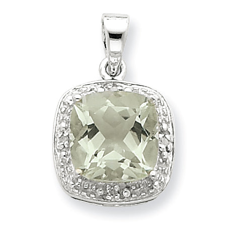 Sterling Silver Rhodium Green Amethyst & Diamond Pendant