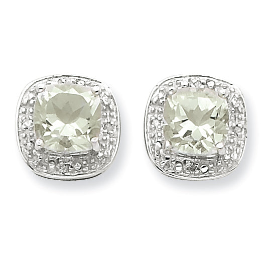 Sterling Silver Rhodium Green Amethyst Diamond Earrings