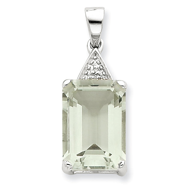 Sterling Silver Emerald-cut Green Amethyst & Diamond Pendant