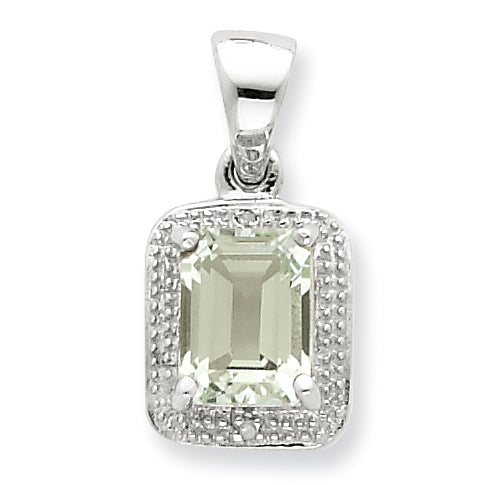 Sterling Silver Emerald-cut Green Amethyst & Diamond Pendant