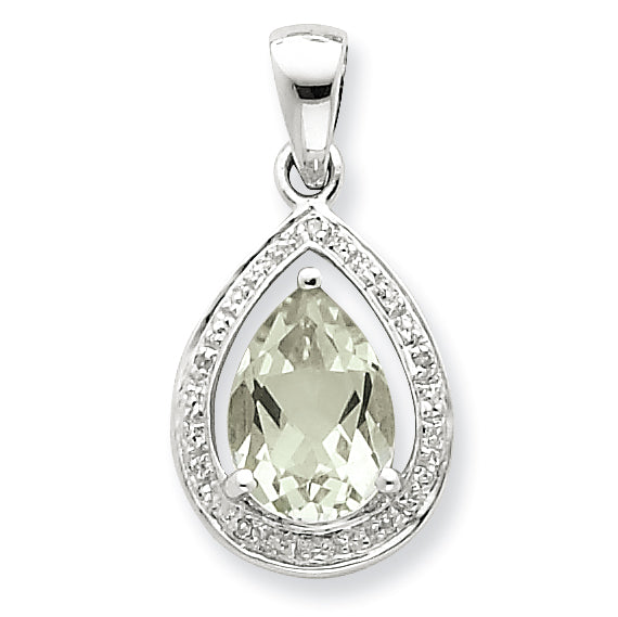 Sterling Silver Rhodium Green Amethyst & Diamond Pendant