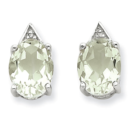 Sterling Silver Rhodium Green Amethyst & Diamond Post Earrings