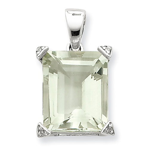 Sterling Silver Rhodium Green Amethyst Diamond Pendant