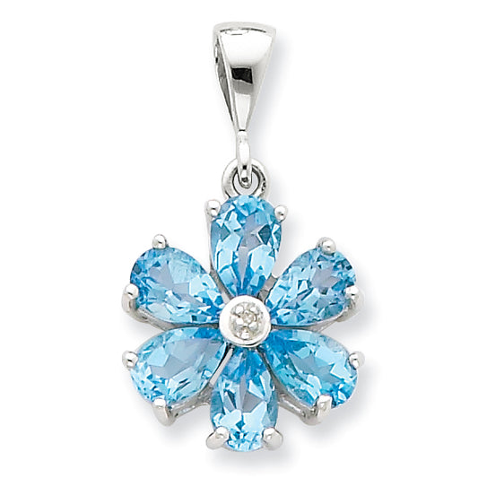 Sterling Silver Lt Sw Blue Topaz & Diamond Flower Pendant