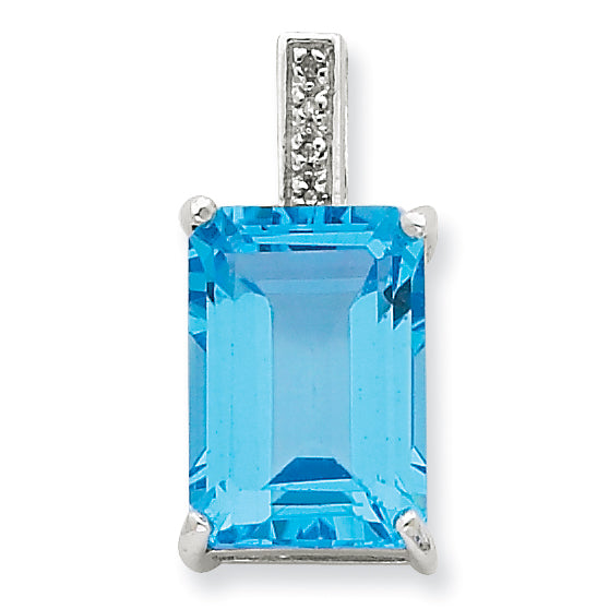 Sterling Silver Emerald-cut Swiss Blue Topaz & Diamond Pendant
