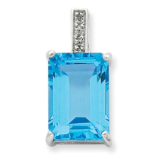 Sterling Silver Emerald-cut Swiss Blue Topaz & Diamond Pendant