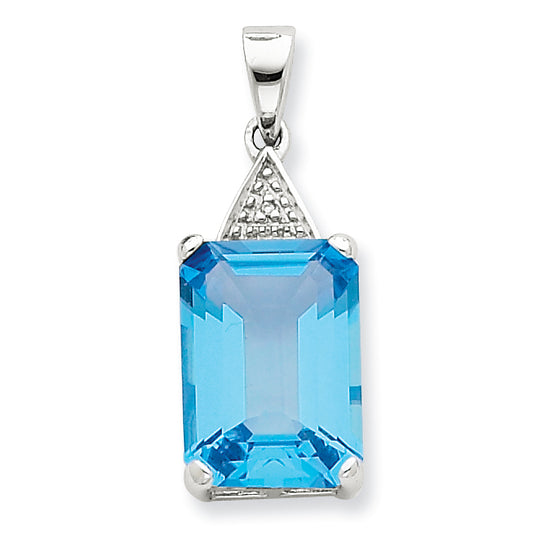 Sterling Silver Emerald-cut Swiss Blue Topaz & Diamond Pendant