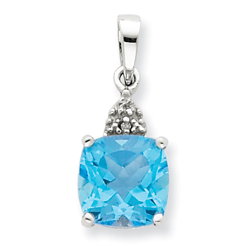 Sterling Silver Rhodium Lt Swiss Blue Topaz  & Diamond Pendant