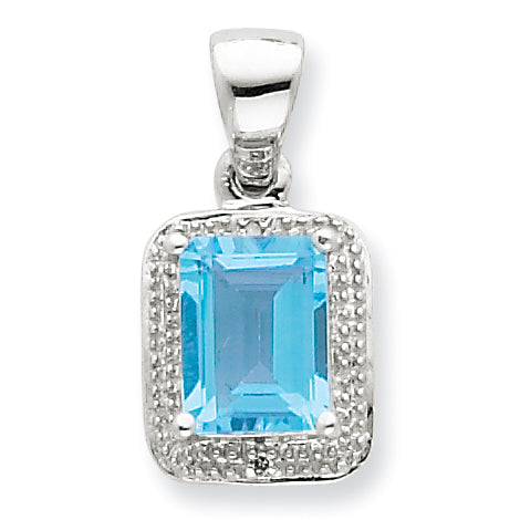 Sterling Silver Emerald-cut Lt Sw Blue Topaz & Diamond Pendant