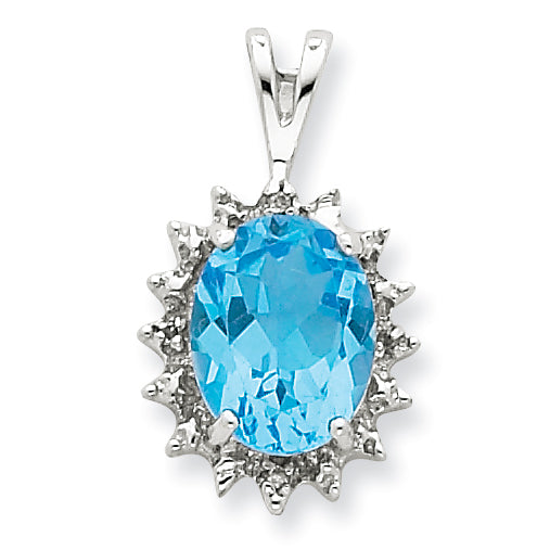 Sterling Silver Rhodium Pear Swiss Blue Topaz & Diamond Pendant