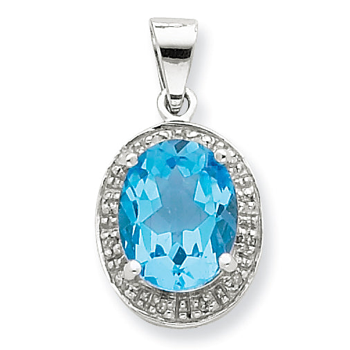 Sterling Silver Rhodium Light Swiss Blue Topaz & Diamond Pendant