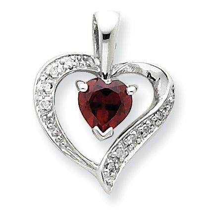 Sterling Silver Rhodium Heart Garnet & Diamond Heart Pendant