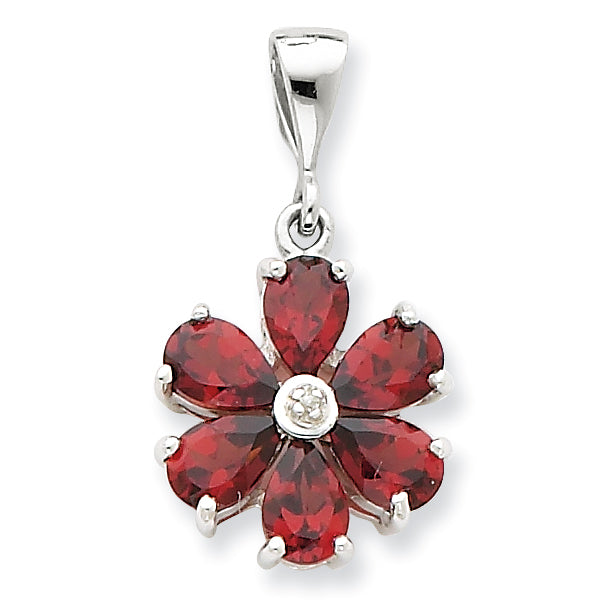 Sterling Silver Rhodium Garnet & Diamond Flower Pendant