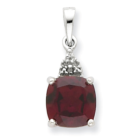 Sterling Silver Rhodium Garnet & Diamond Pendant