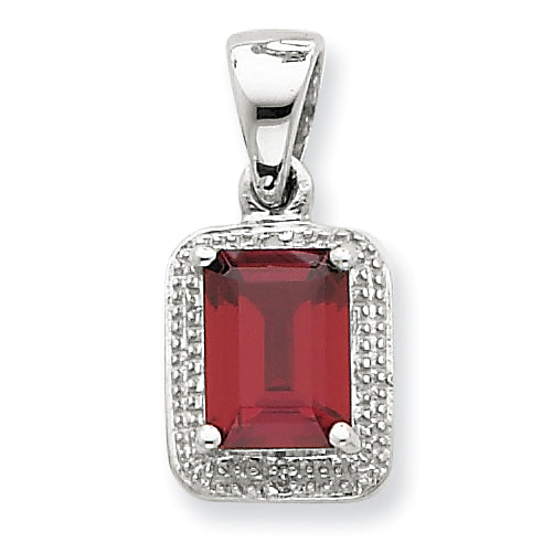 Sterling Silver Rhodium Emerald-cut Garnet & Diamond Pendant