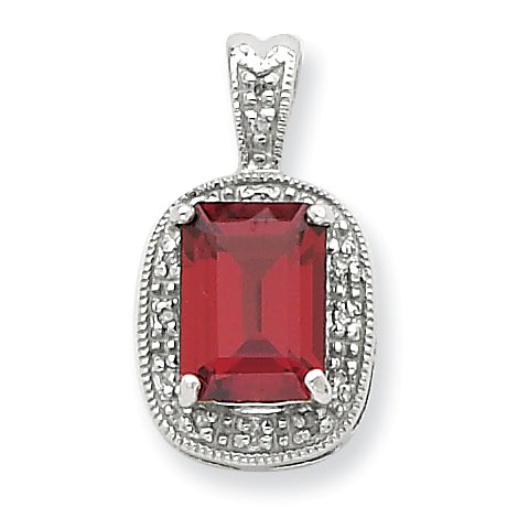 Sterling Silver Rhodium Garnet & Diamond Pendant