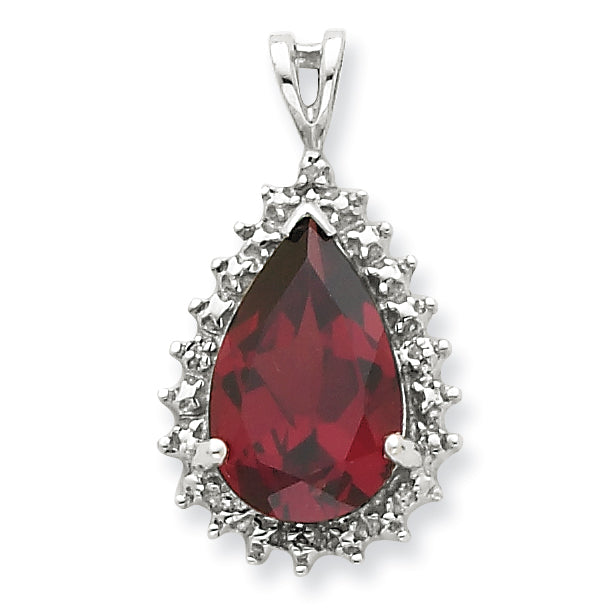 Sterling Silver Rhodium Garnet & Diamond Pear Pendant