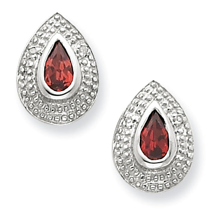 Sterling Silver Rhodium Garnet & Diamond Post Earrings