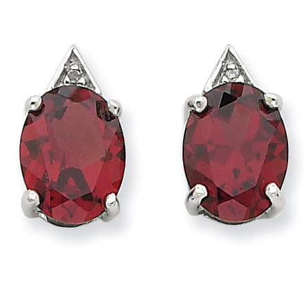 Sterling Silver Rhodium Garnet & Diamond Post Earrings