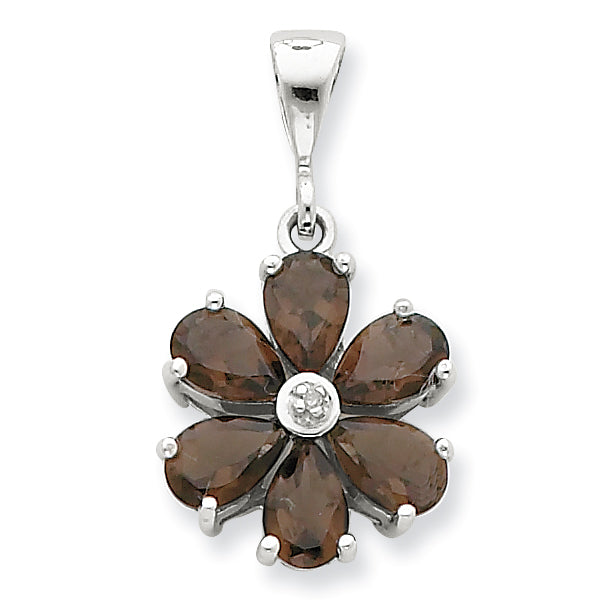 Sterling Silver Rhodium Smokey Qtz & Diamond Flower Pendant