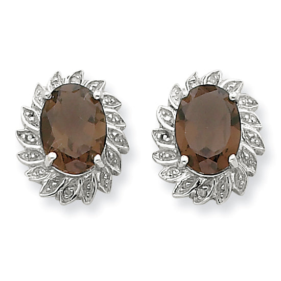 Sterling Silver Rhodium Smokey Quartz & Diamond Post Earrings