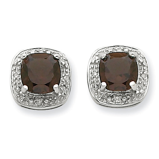 Sterling Silver Rhodium Smokey Quartz & Diamond Post Earrings