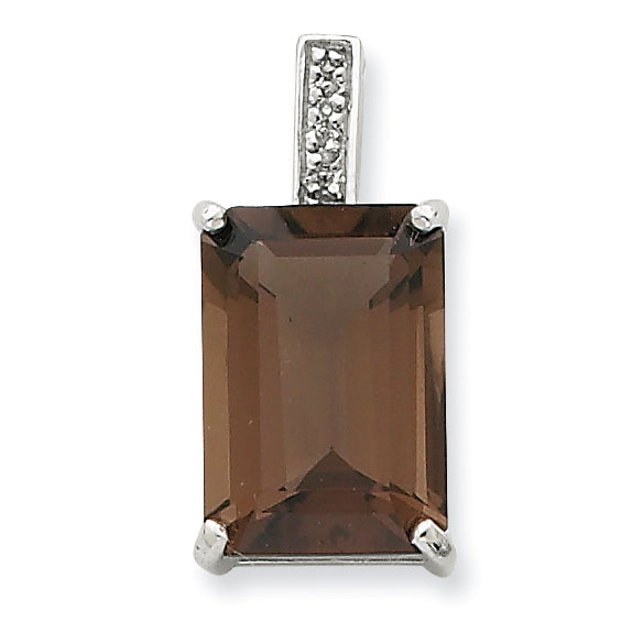 Sterling Silver Rhodium Emerald-cut Smokey Quartz & Diamond Pendant