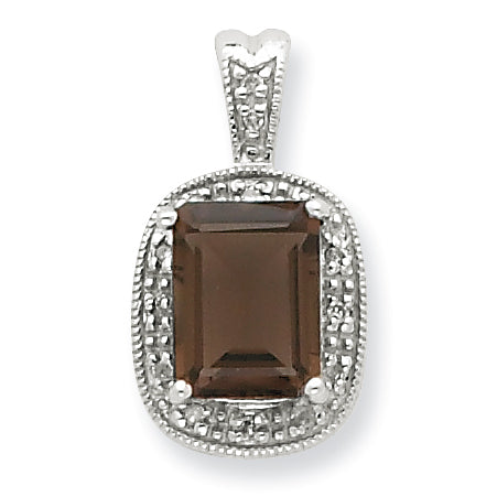 Sterling Silver Rhodium Smokey Quartz & Diamond Pendant