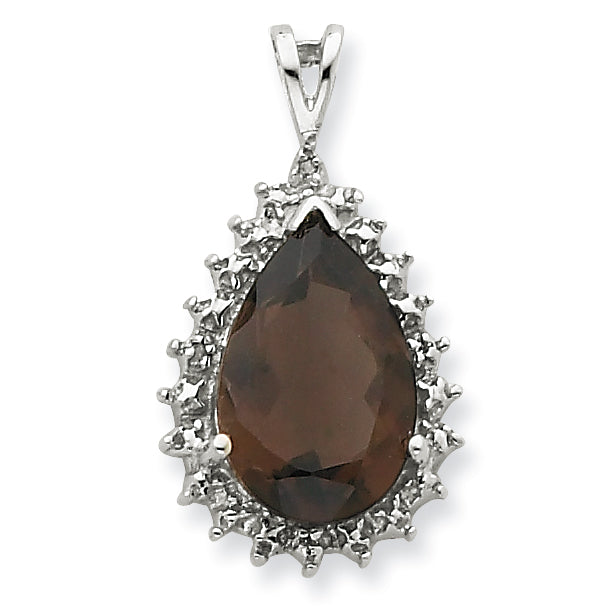 Sterling Silver Rhodium Smokey Quartz & Diamond Pear Pendant