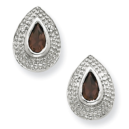 Sterling Silver Rhodium Smokey Quartz & Diamond Post Earrings