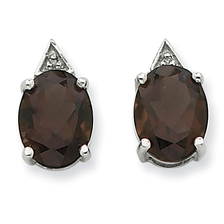 Sterling Silver Rhodium Smokey Quartz & Diamond Post Earrings