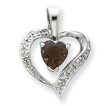 Sterling Silver Rhodium Heart Smokey Quartz & Diamond Heart Pendant