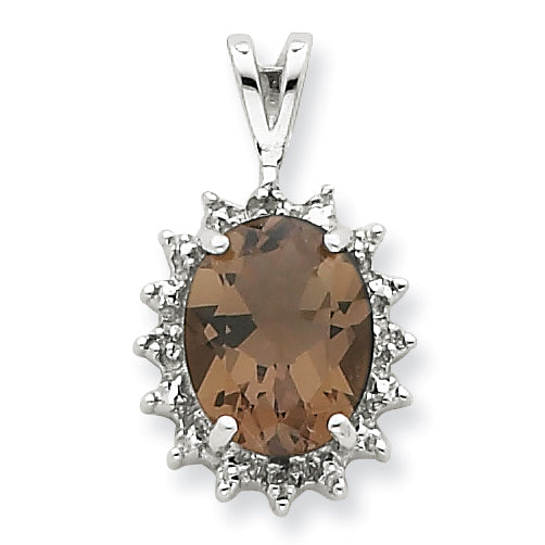 Sterling Silver Rhodium Pear Smokey Quartz & Diamond Pendant