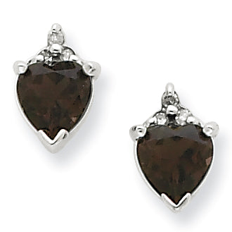 Sterling Silver Rhodium Heart Smokey Qtz & Diamond Post Earrings