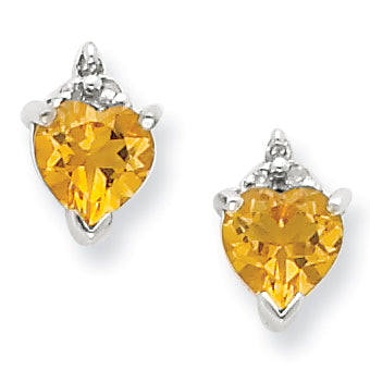 Sterling Silver Rhodium Heart Citrine & Diamond Post Earrings