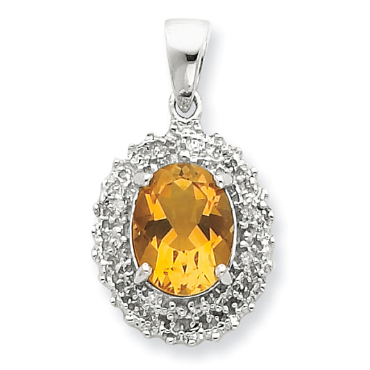 Sterling Silver Rhodium Citrine & Diamond Pendant